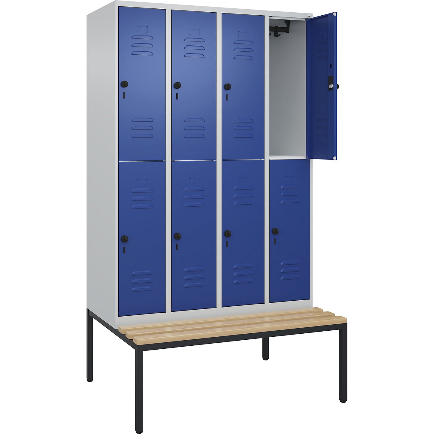 Classic PLUS bench seat double deck clothes locker, 4 compartments, light grey/gentian blue, W 1200 mm, security rotary bolt, base frame, beech hardwood.