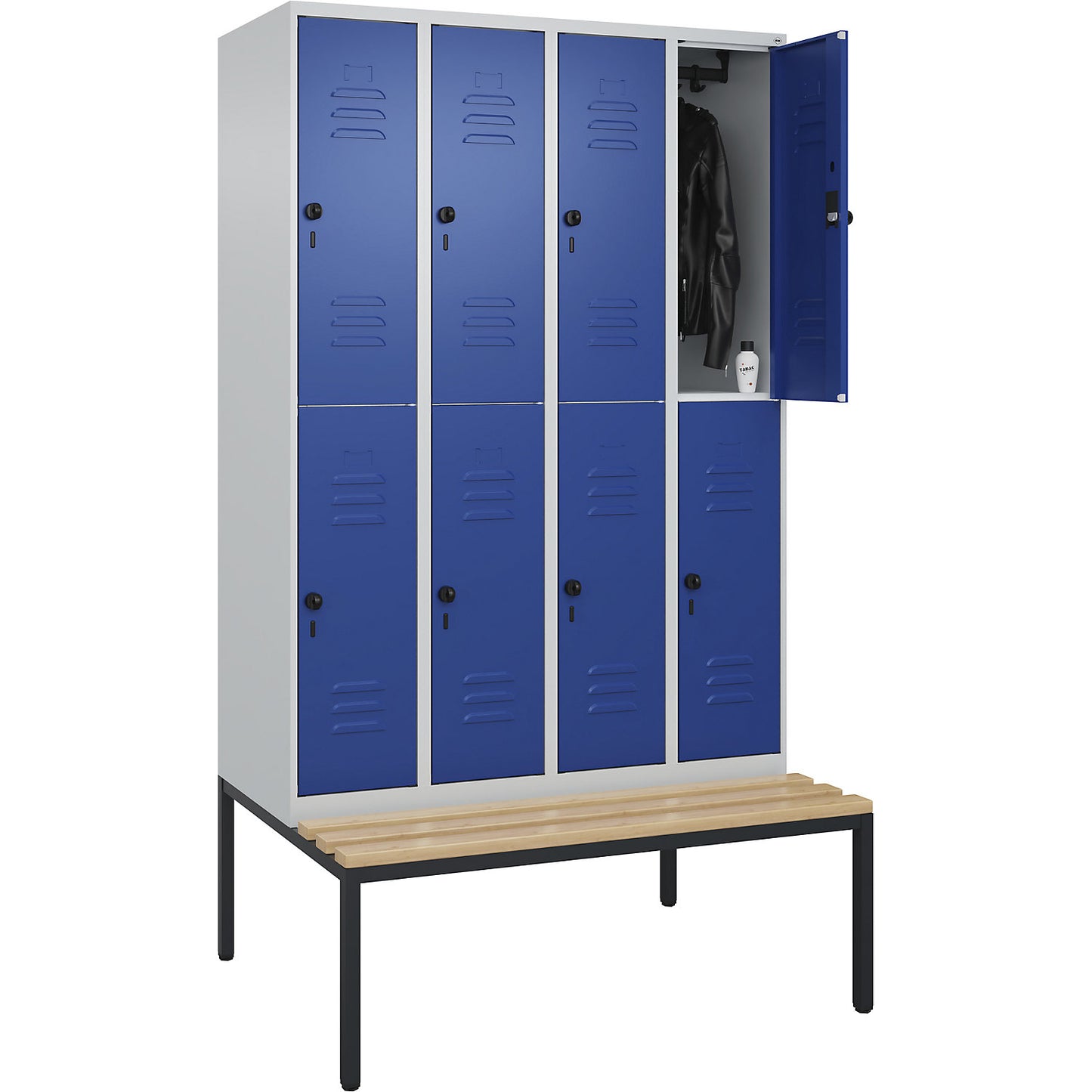 Classic PLUS bench seat double deck clothes locker, 4 compartments, light grey/gentian blue, W 1200 mm, security rotary bolt, base frame, beech hardwood.