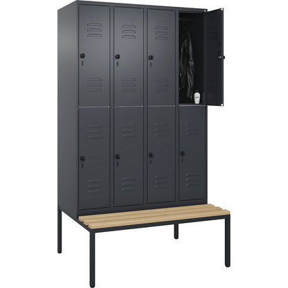 Classic PLUS bench seat double deck clothes locker, 4 compartments, grey, W 1200 mm, security rotary bolt, base frame, beech hardwood.
