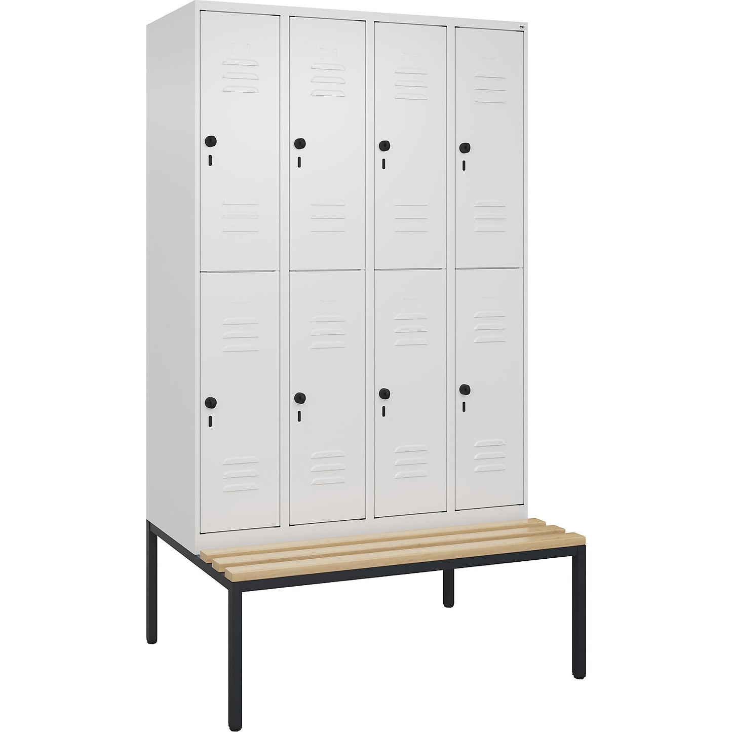 Classic PLUS bench seat double deck clothes locker, 4 compartments, traffic white, W 1200 mm, security rotary bolt, base frame, beech hardwood.