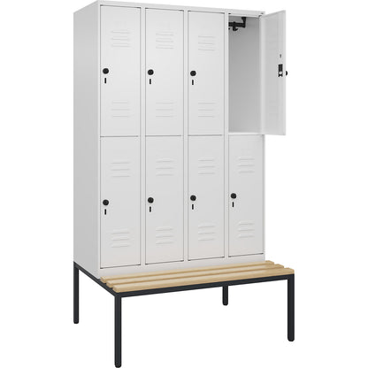 Classic PLUS bench seat double deck clothes locker, 4 compartments, traffic white, W 1200 mm, security rotary bolt, base frame, beech hardwood.