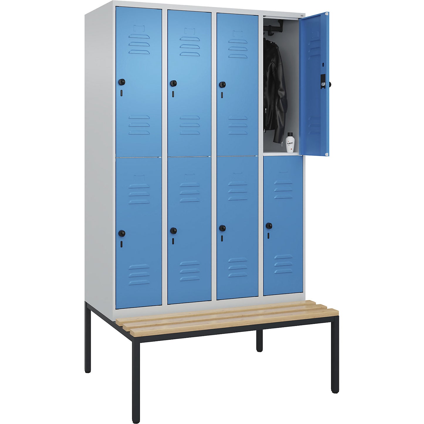 Classic PLUS bench seat double deck clothes locker, 4 compartments, light grey/light blue, W 1200 mm, security rotary bolt, base frame, beech hardwood.