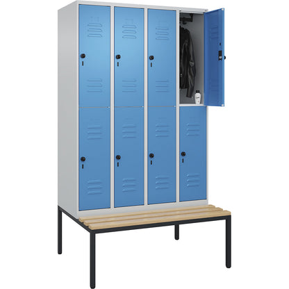 Classic PLUS bench seat double deck clothes locker, 4 compartments, light grey/light blue, W 1200 mm, security rotary bolt, base frame, beech hardwood.