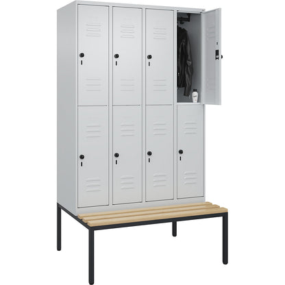 Classic PLUS bench seat double deck clothes locker, 4 compartments, light grey, W 1200 mm, security rotary bolt, base frame, beech hardwood.
