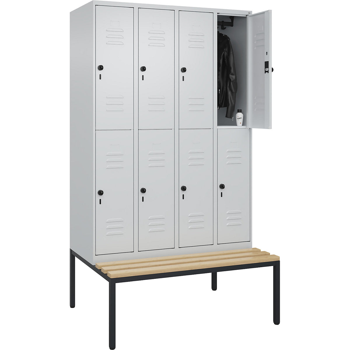Classic PLUS bench seat double deck clothes locker, 4 compartments, light grey, W 1200 mm, security rotary bolt, base frame, beech hardwood.