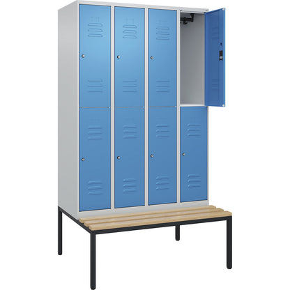 Classic PLUS bench seat double deck clothes locker, 4 compartments, light grey/light blue, W 1200 mm, cylinder lock, base frame, beech hardwood.