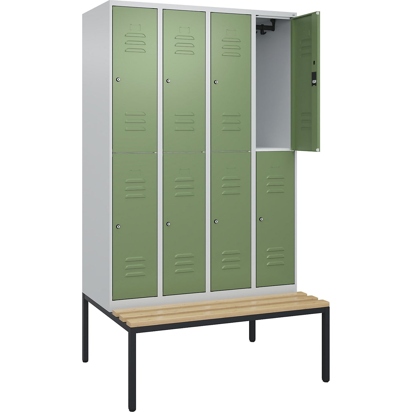 Classic PLUS bench seat double deck clothes locker, 4 compartments, light grey/reseda green, W 1200 mm, cylinder lock, base frame, beech hardwood.