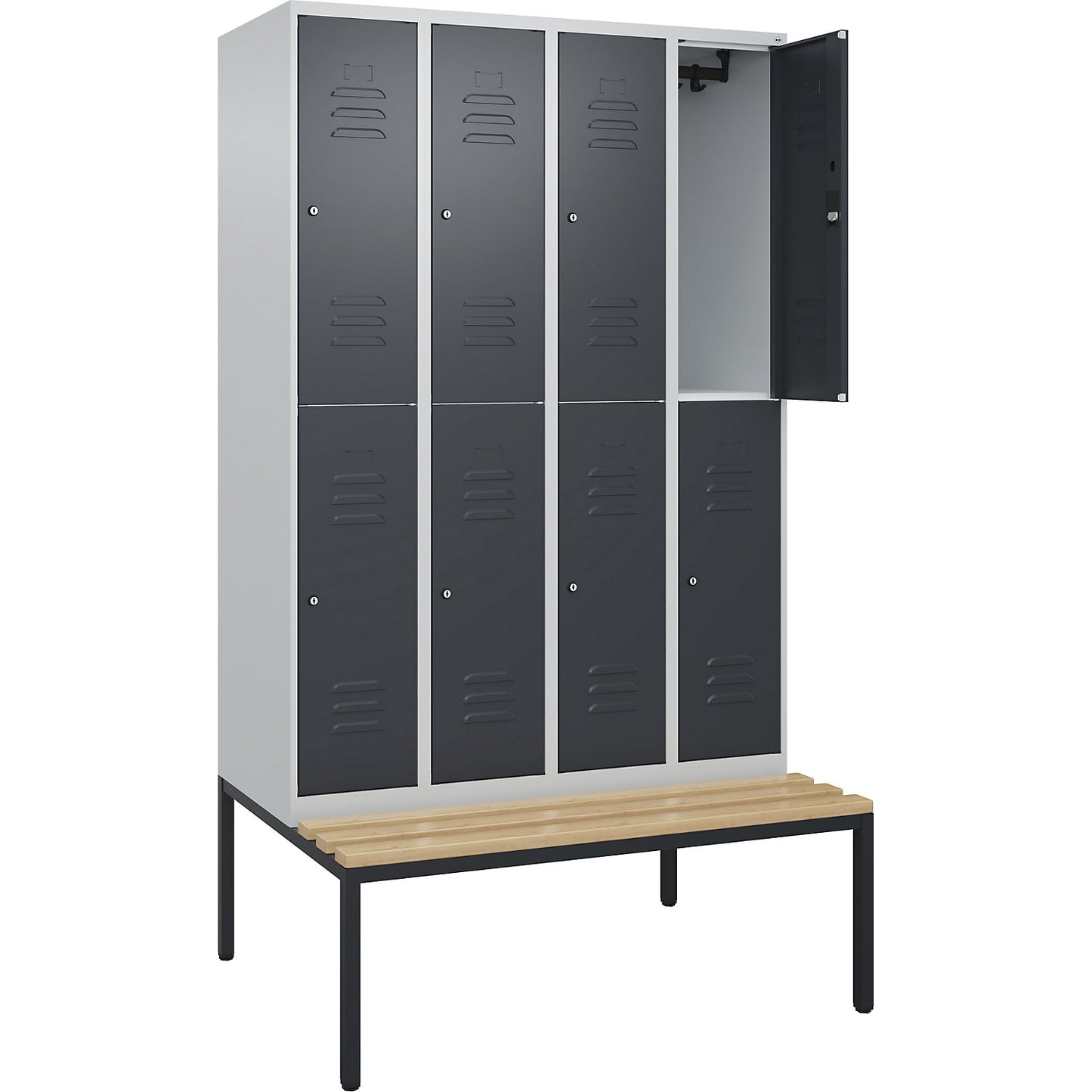Classic PLUS bench seat double deck clothes locker, 4 compartments, light grey/grey, W 1200 mm, cylinder lock, base frame, beech hardwood.