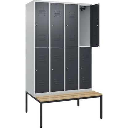 Classic PLUS bench seat double deck clothes locker, 4 compartments, light grey/grey, W 1200 mm, cylinder lock, base frame, beech hardwood.