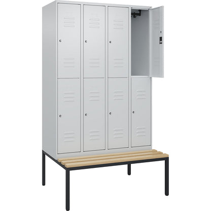 Classic PLUS bench seat double deck clothes locker, 4 compartments, light grey, W 1200 mm, cylinder lock, base frame, beech hardwood.