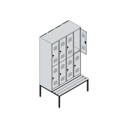 Classic PLUS bench seat double deck clothes locker, 4 compartments, light grey, W 1200 mm, security rotary bolt, base frame, beech hardwood.