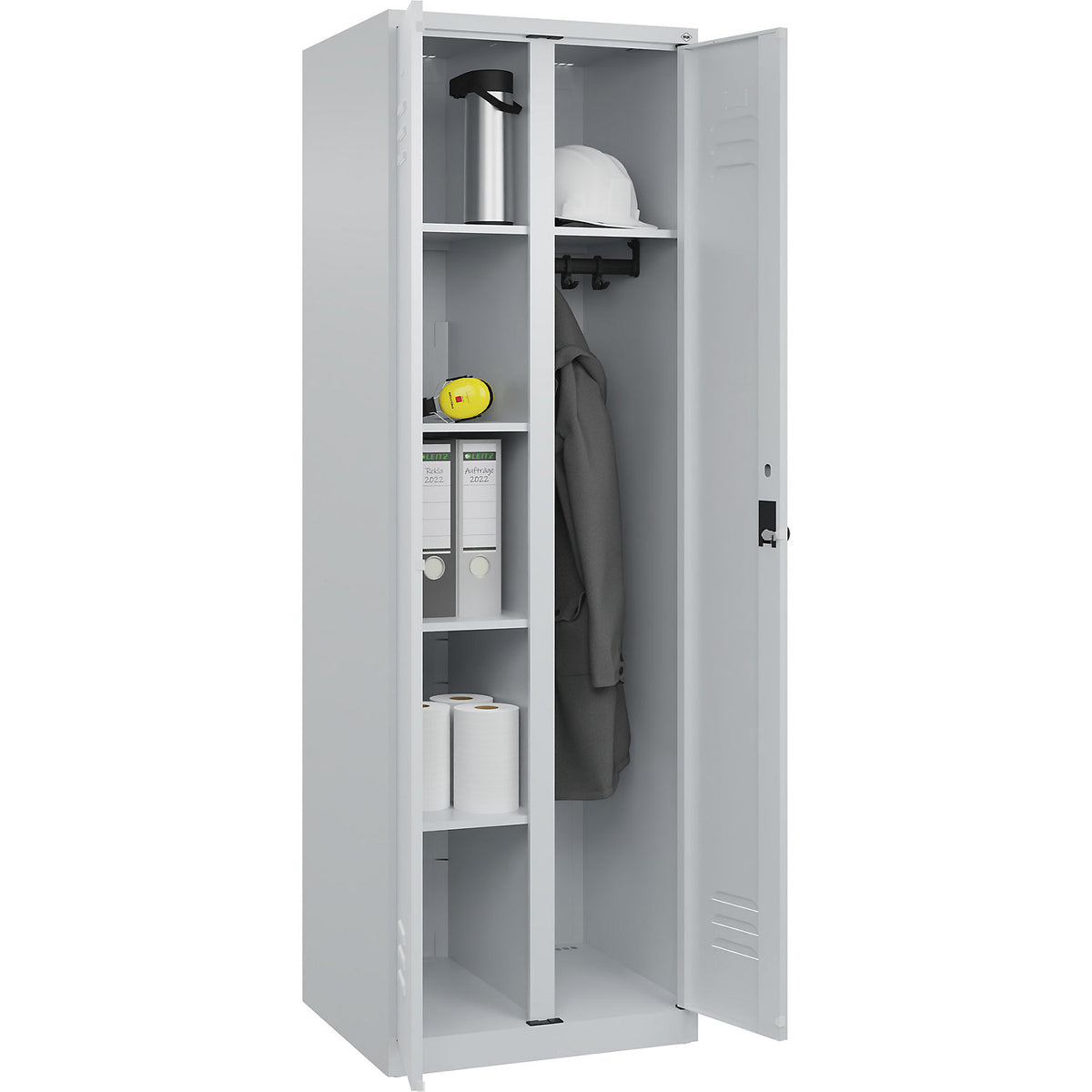 Classic PLUS locker for cleaning products, 1 compartment, partition in centre, light grey, W 600 mm, with floor glides, rotary bolt.