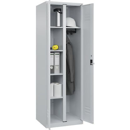 Classic PLUS locker for cleaning products, 1 compartment, partition in centre, light grey, W 600 mm, with floor glides, rotary bolt.