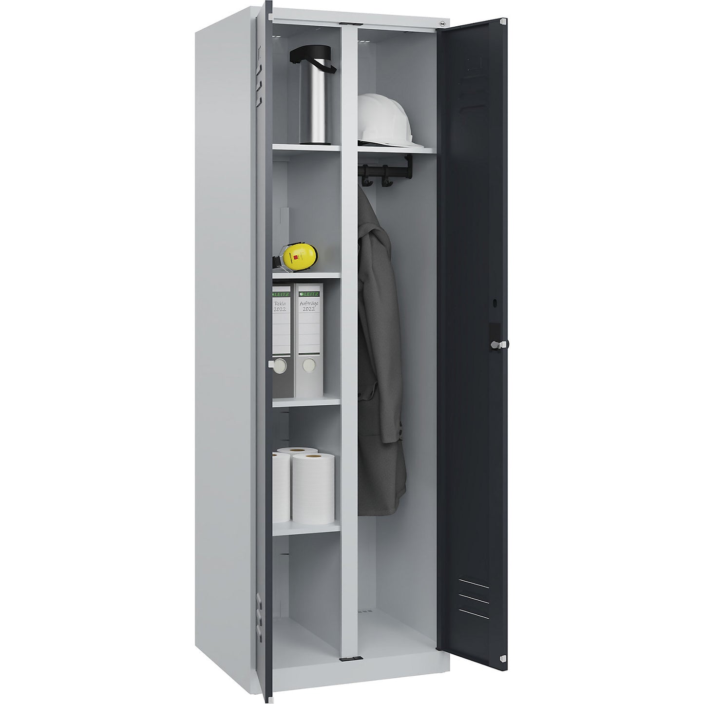 Classic PLUS locker for cleaning products, 1 compartment, partition in centre, light grey/grey, W 600 mm, with floor glides, rotary bolt.