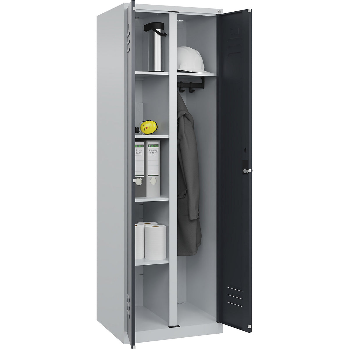 Classic PLUS locker for cleaning products, 1 compartment, partition in centre, light grey/grey, W 600 mm, with floor glides, rotary bolt.