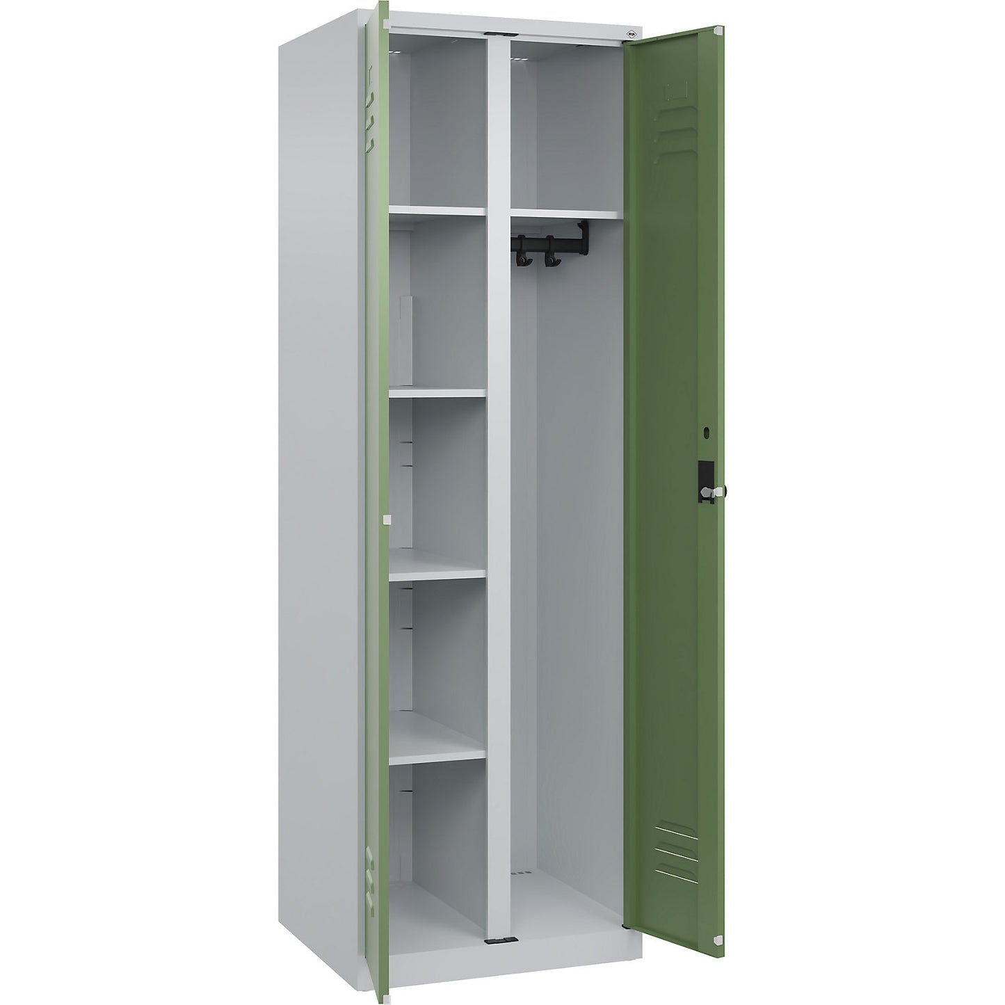 Classic PLUS locker for cleaning products, 1 compartment, partition in centre, light grey/reseda green, W 600 mm, with floor glides, rotary bolt.