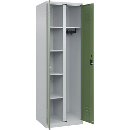 Classic PLUS locker for cleaning products, 1 compartment, partition in centre, light grey/reseda green, W 600 mm, with floor glides, rotary bolt.