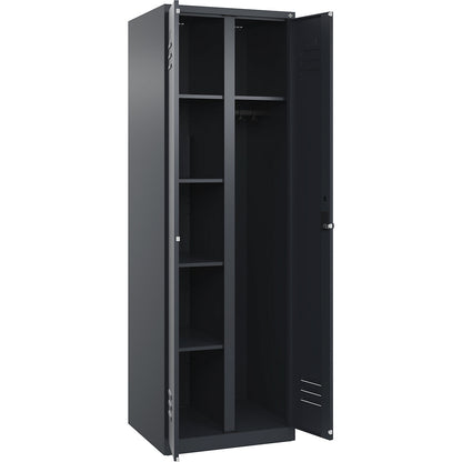 Classic PLUS locker for cleaning products, 1 compartment, partition in centre, grey, W 600 mm, with floor glides, rotary bolt.