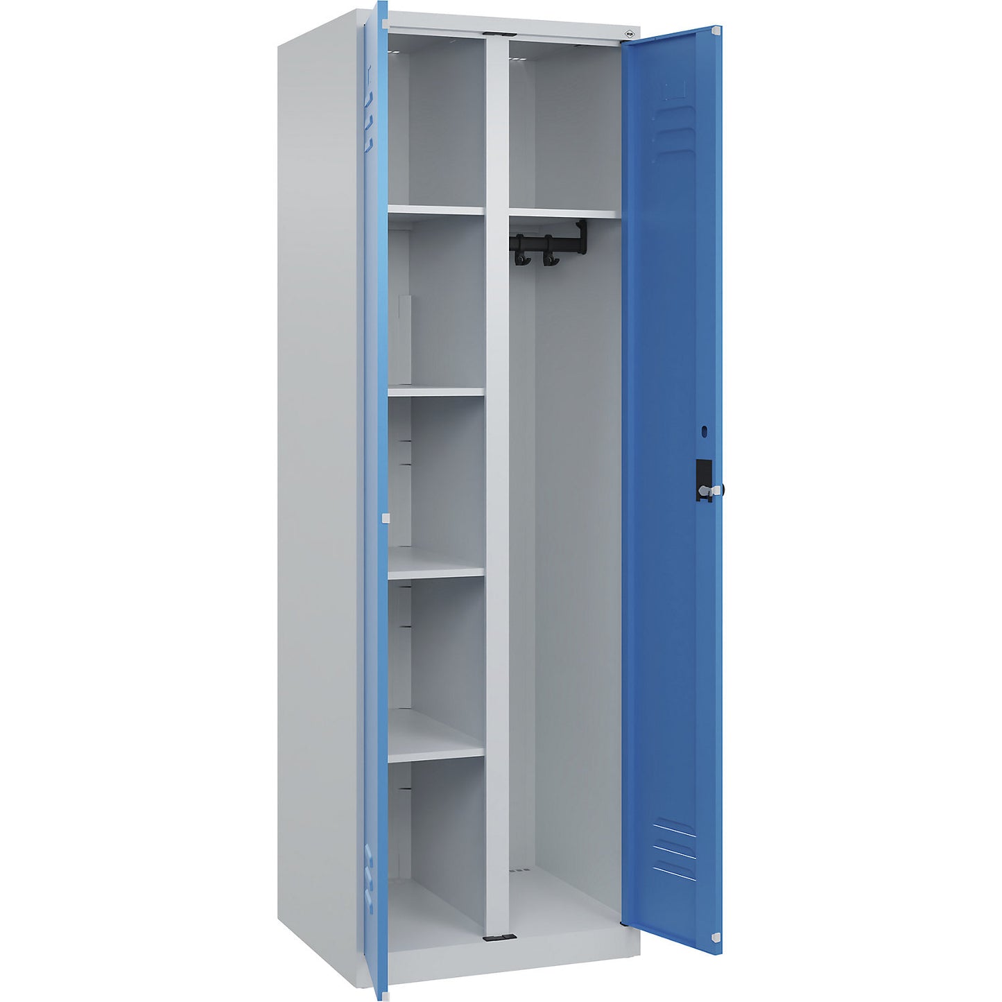 Classic PLUS locker for cleaning products, 1 compartment, partition in centre, light grey/light blue, W 600 mm, with floor glides, rotary bolt.