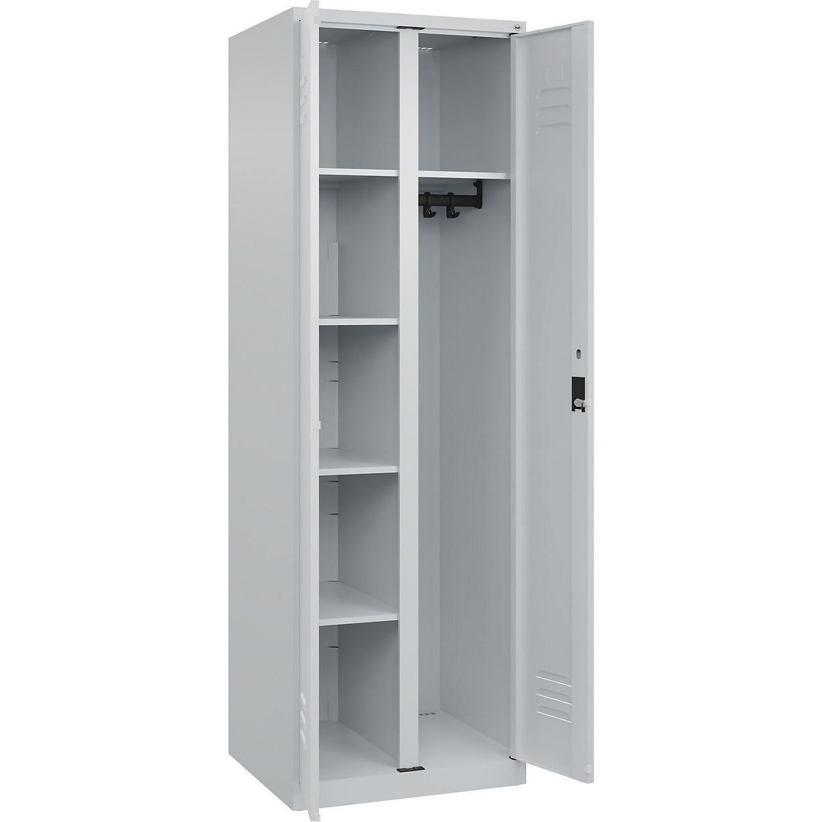 Classic PLUS locker for cleaning products, 1 compartment, partition in centre, light grey, W 600 mm, with floor glides, cylinder lock.