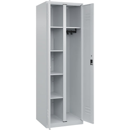 Classic PLUS locker for cleaning products, 1 compartment, partition in centre, light grey, W 600 mm, with floor glides, cylinder lock.