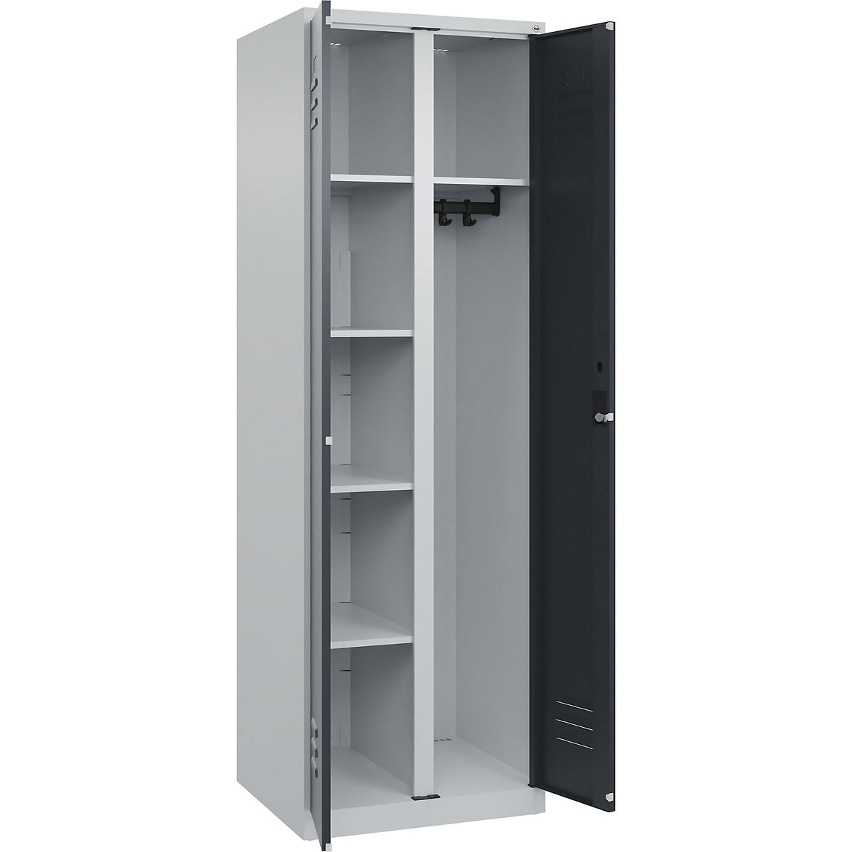 Classic PLUS locker for cleaning products, 1 compartment, partition in centre, light grey/grey, W 600 mm, with floor glides, cylinder lock.
