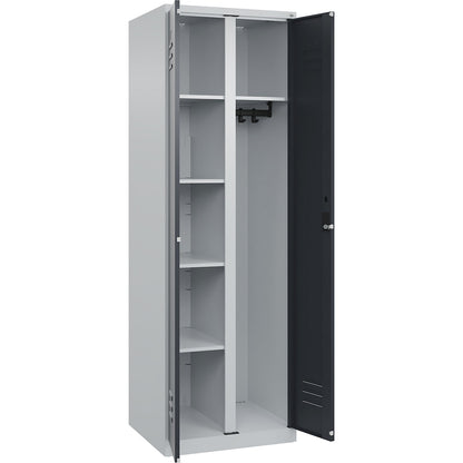 Classic PLUS locker for cleaning products, 1 compartment, partition in centre, light grey/grey, W 600 mm, with floor glides, cylinder lock.