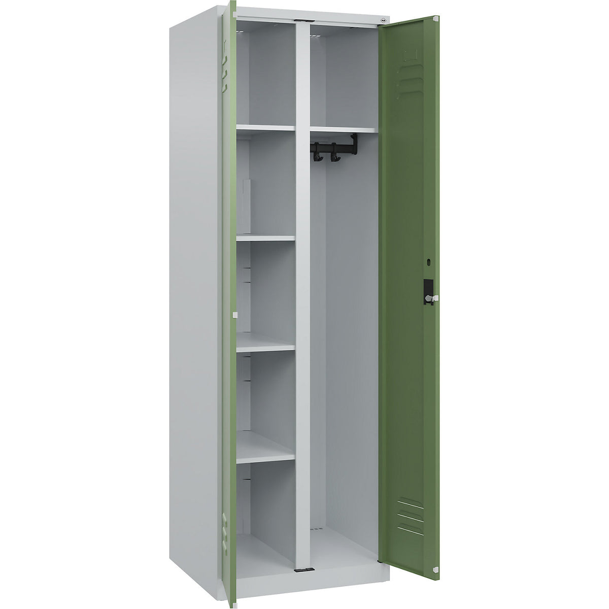 Classic PLUS locker for cleaning products, 1 compartment, partition in centre, light grey/reseda green, W 600 mm, with floor glides, cylinder lock.