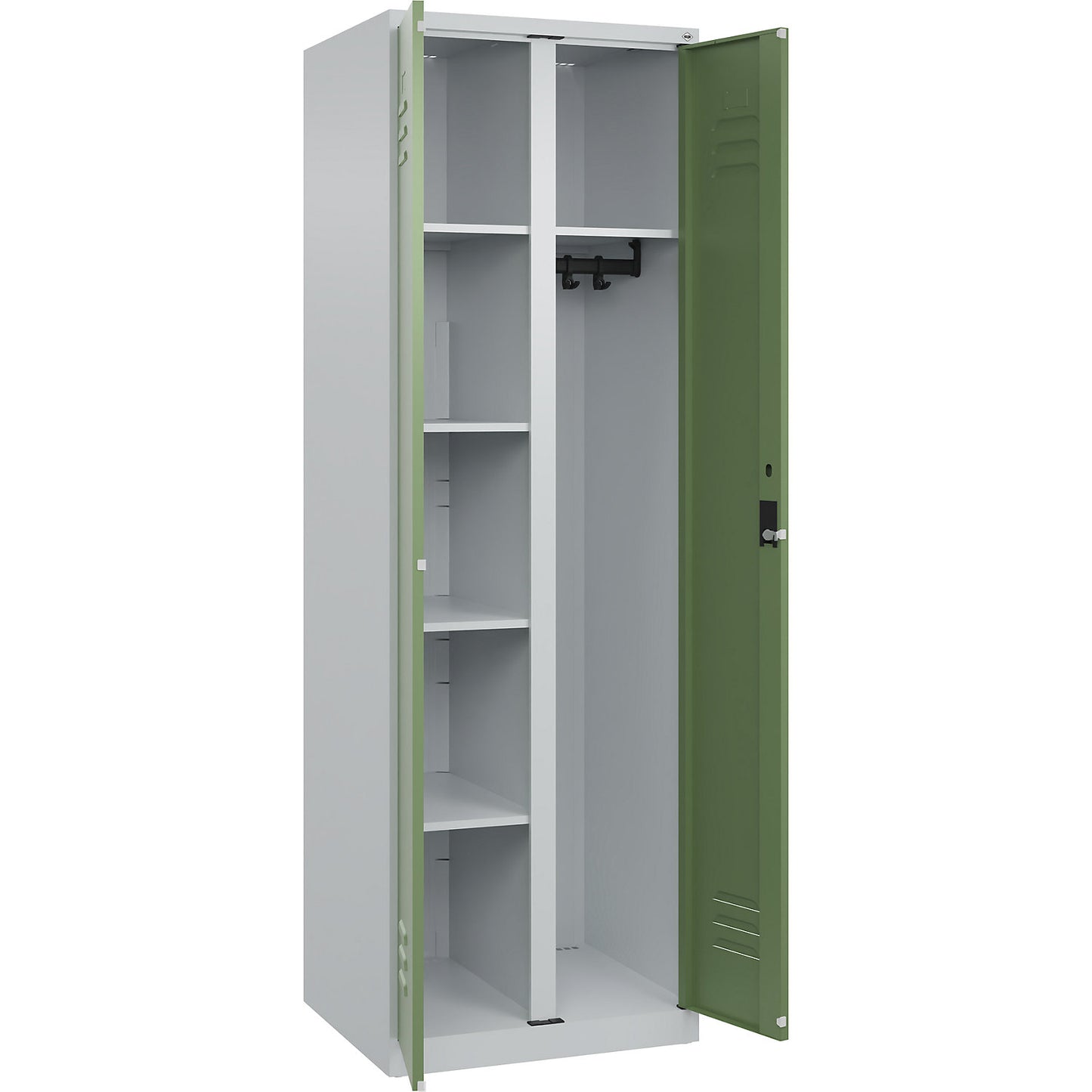 Classic PLUS locker for cleaning products, 1 compartment, partition in centre, light grey/reseda green, W 600 mm, with floor glides, cylinder lock.