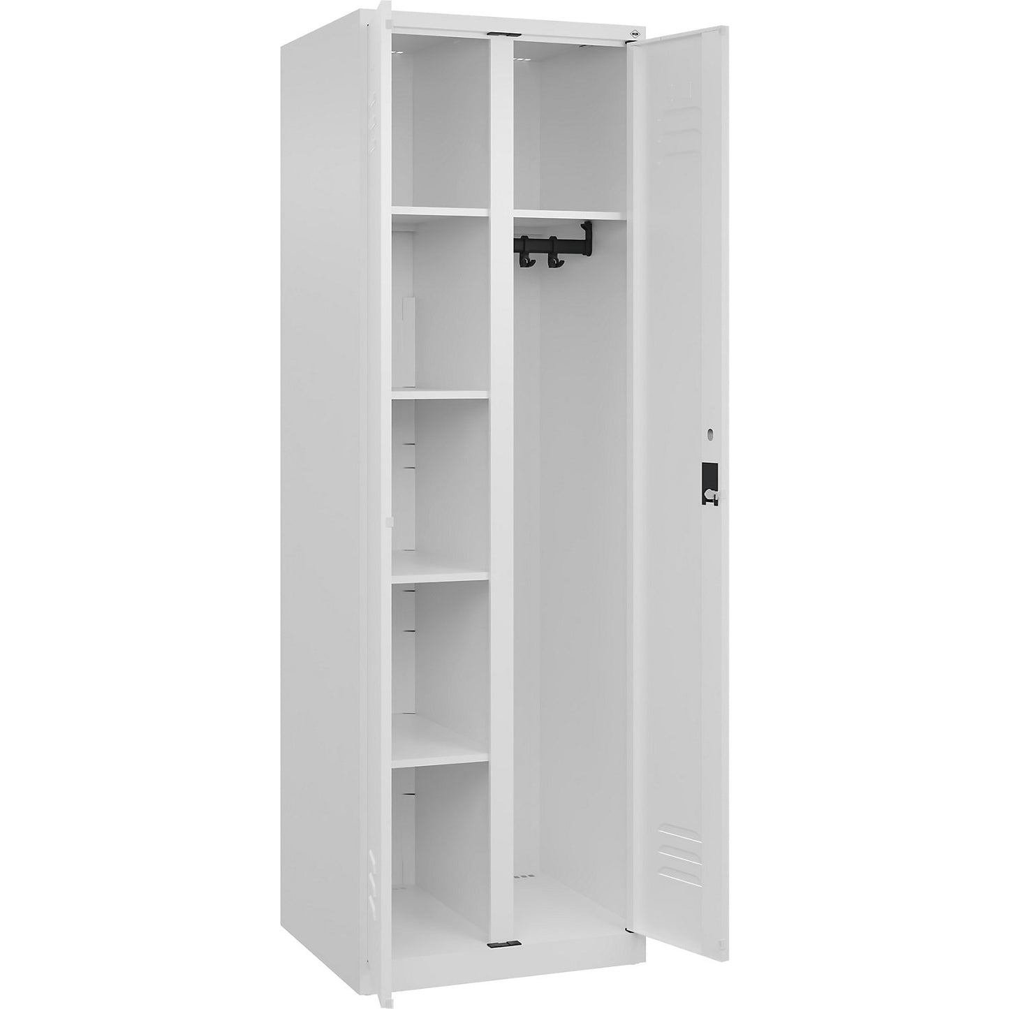 Classic PLUS locker for cleaning products, 1 compartment, partition in centre, traffic white, W 600 mm, with floor glides, cylinder lock.