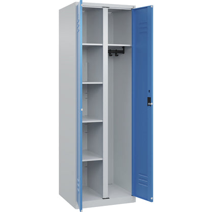 Classic PLUS locker for cleaning products, 1 compartment, partition in centre, light grey/light blue, W 600 mm, with floor glides, cylinder lock.
