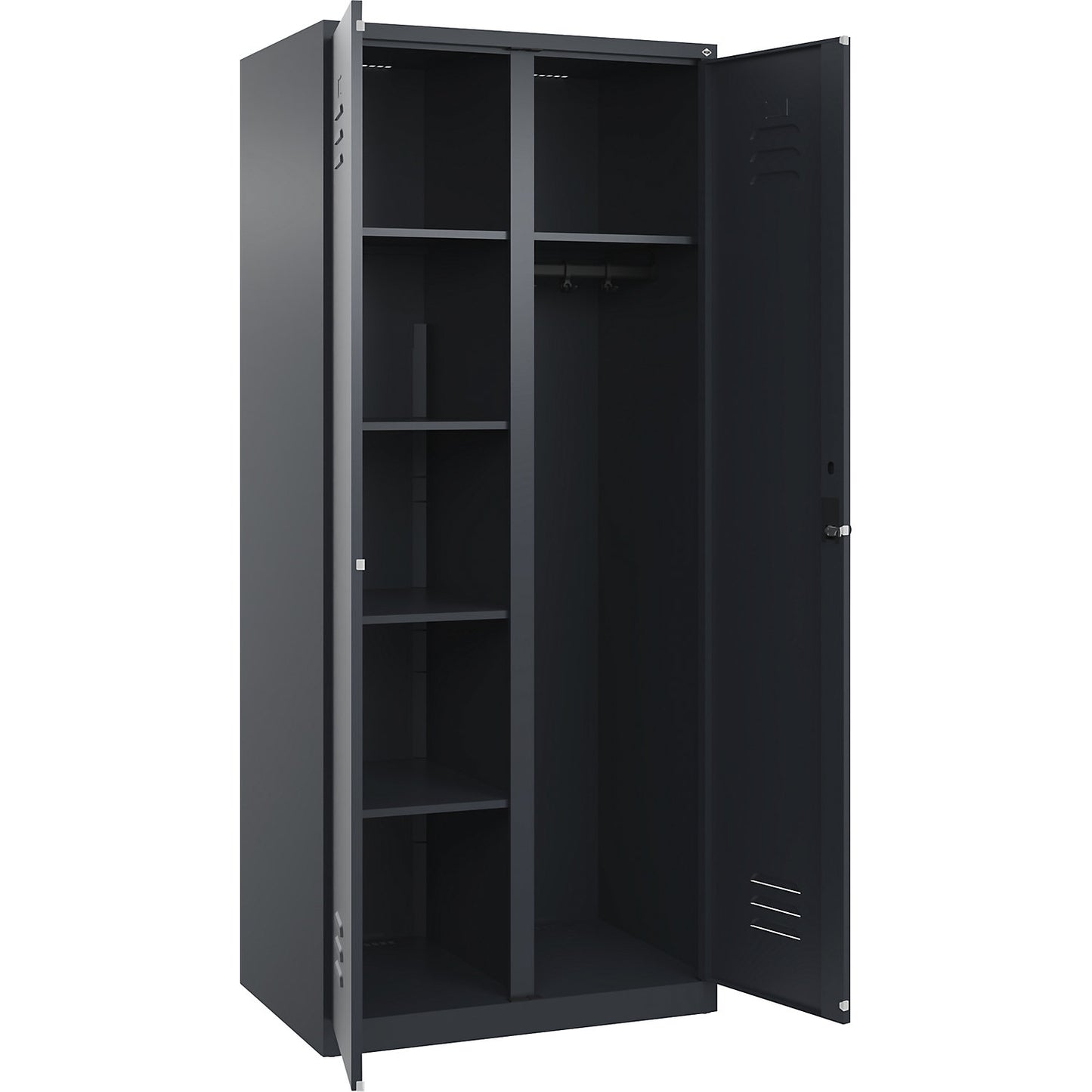 Classic PLUS locker for cleaning products, 1 compartment, partition in centre, grey, W 800 mm, with floor glides, rotary bolt.