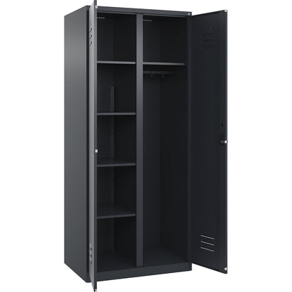 Classic PLUS locker for cleaning products, 1 compartment, partition in centre, grey, W 800 mm, with floor glides, rotary bolt.