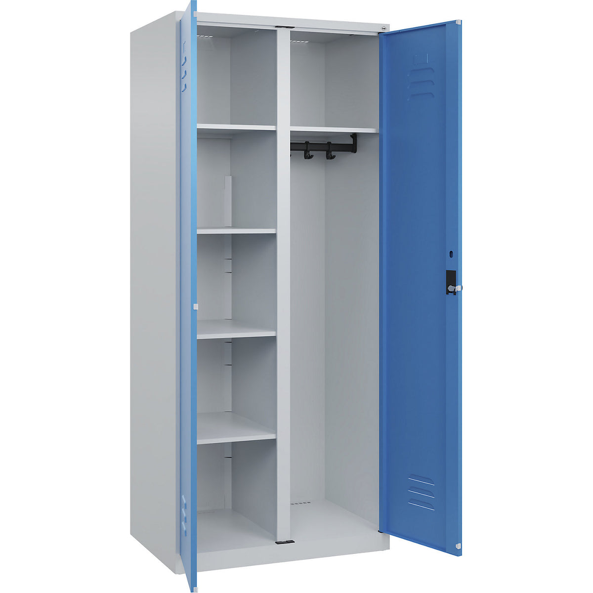 Classic PLUS locker for cleaning products, 1 compartment, partition in centre, light grey/light blue, W 800 mm, with floor glides, rotary bolt.