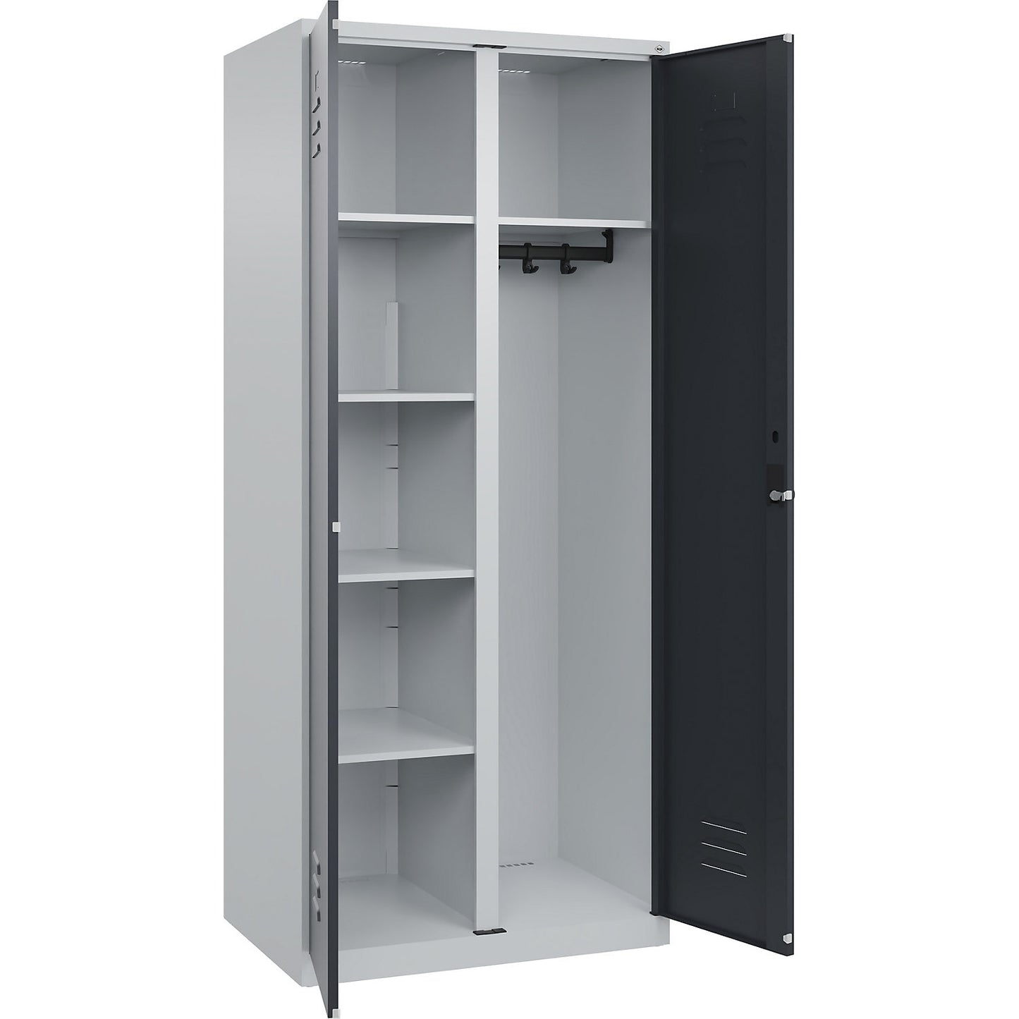 Classic PLUS locker for cleaning products, 1 compartment, partition in centre, light grey/grey, W 800 mm, with floor glides, rotary bolt.