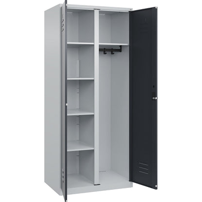 Classic PLUS locker for cleaning products, 1 compartment, partition in centre, light grey/grey, W 800 mm, with floor glides, rotary bolt.