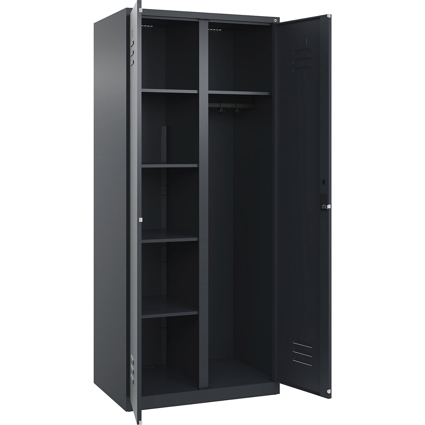 Classic PLUS locker for cleaning products, 1 compartment, partition in centre, grey, W 800 mm, with floor glides, cylinder lock.
