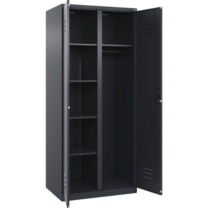 Classic PLUS locker for cleaning products, 1 compartment, partition in centre, grey, W 800 mm, with floor glides, cylinder lock.