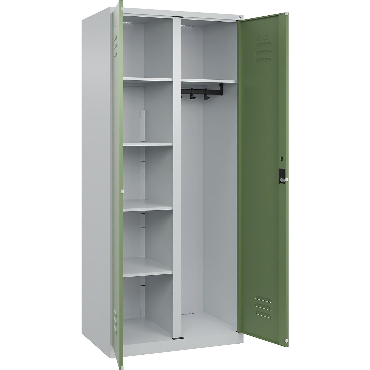 Classic PLUS locker for cleaning products, 1 compartment, partition in centre, light grey/reseda green, W 800 mm, with floor glides, cylinder lock.