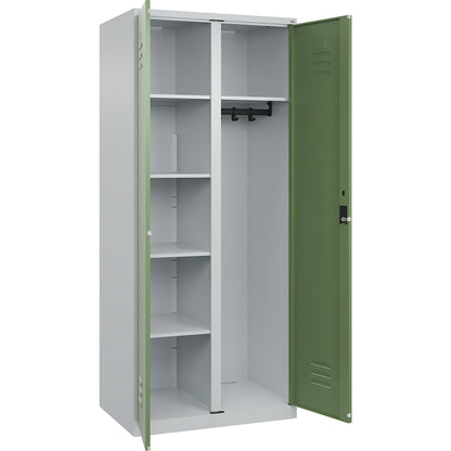 Classic PLUS locker for cleaning products, 1 compartment, partition in centre, light grey/reseda green, W 800 mm, with floor glides, cylinder lock.