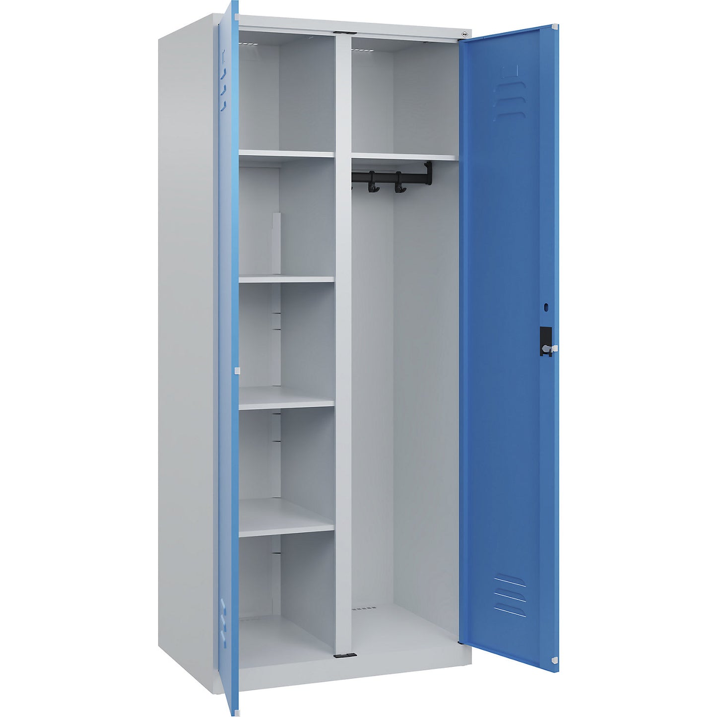 Classic PLUS locker for cleaning products, 1 compartment, partition in centre, light grey/light blue, W 800 mm, with floor glides, cylinder lock.