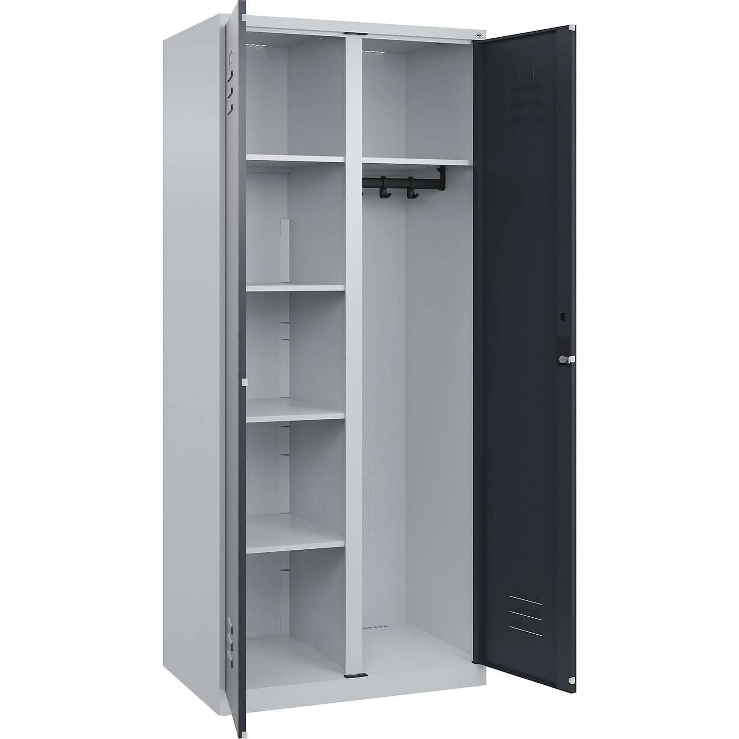 Classic PLUS locker for cleaning products, 1 compartment, partition in centre, light grey/grey, W 800 mm, with floor glides, cylinder lock.