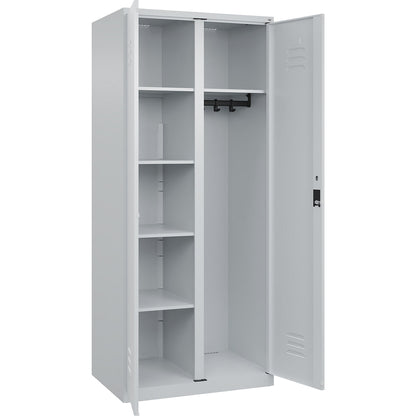 Classic PLUS locker for cleaning products, 1 compartment, partition in centre, light grey, W 800 mm, with floor glides, cylinder lock.