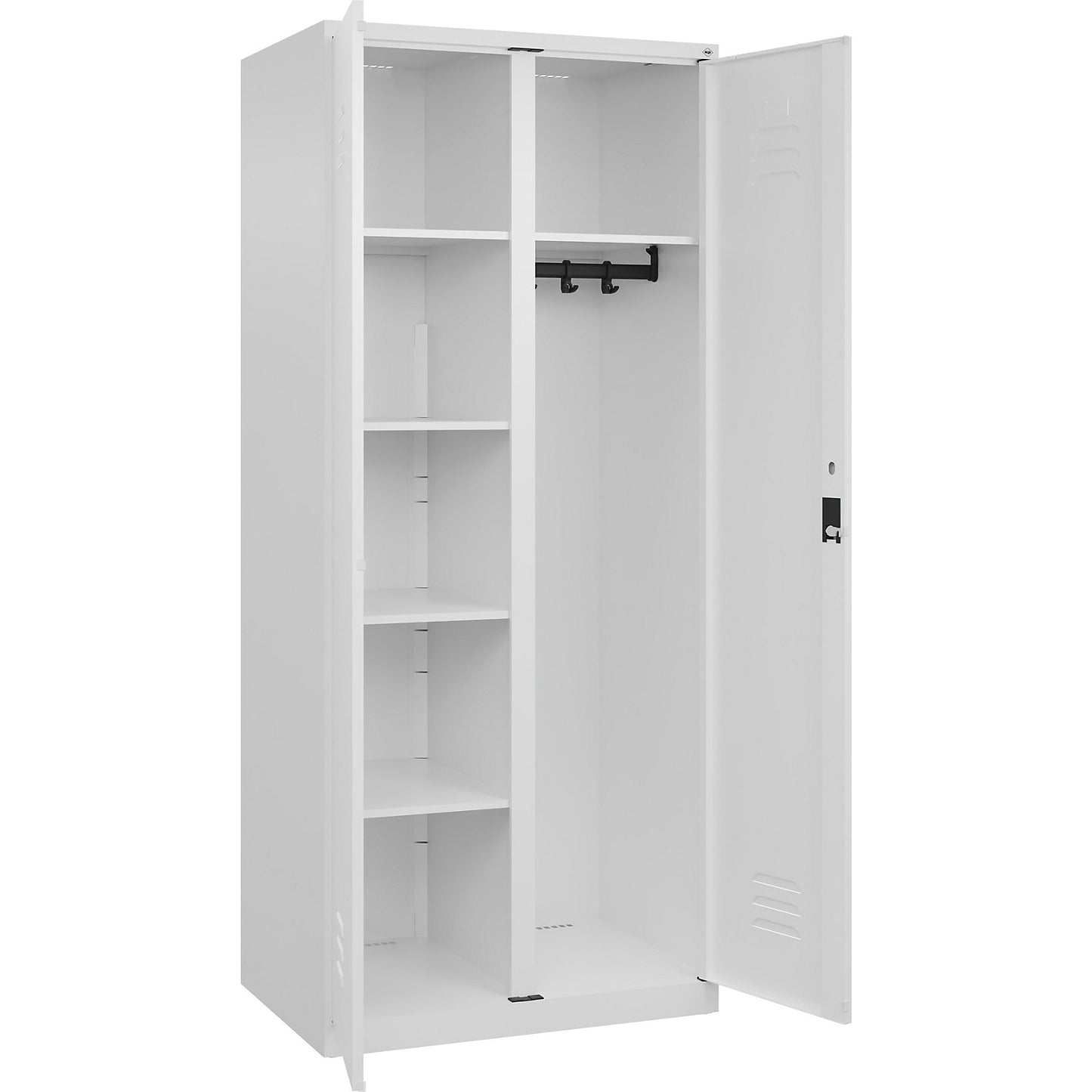 Classic PLUS locker for cleaning products, 1 compartment, partition in centre, traffic white, W 800 mm, with floor glides, cylinder lock.