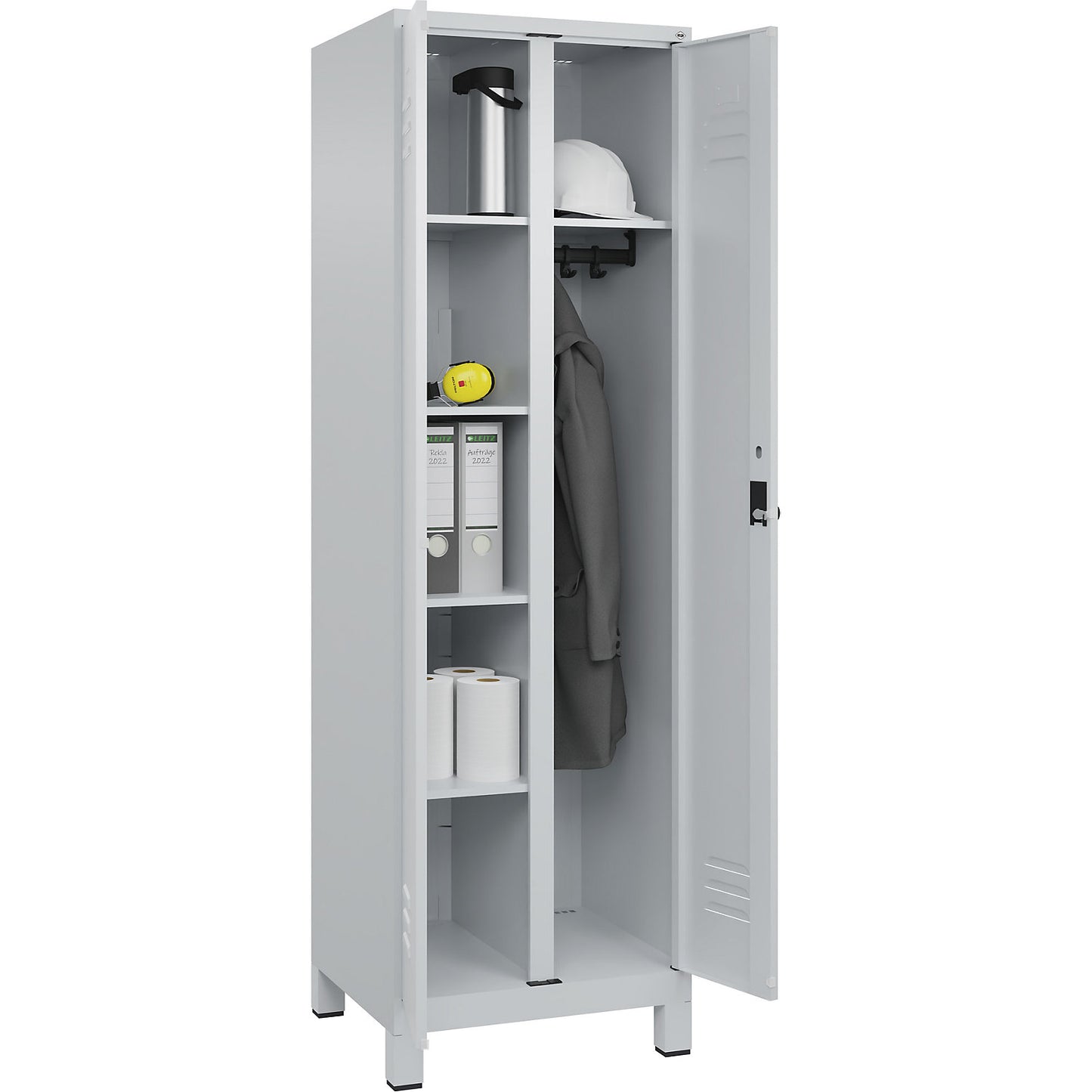 Classic PLUS locker for cleaning products, 1 compartment, partition in centre, light grey, W 600 mm, with feet, rotary bolt.