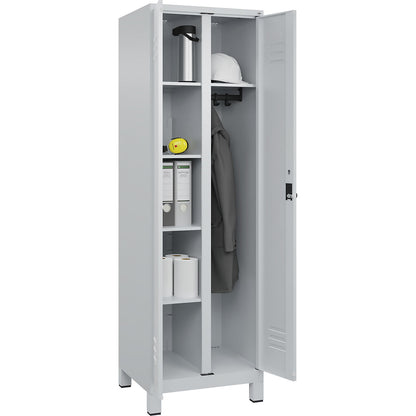 Classic PLUS locker for cleaning products, 1 compartment, partition in centre, light grey, W 600 mm, with feet, rotary bolt.
