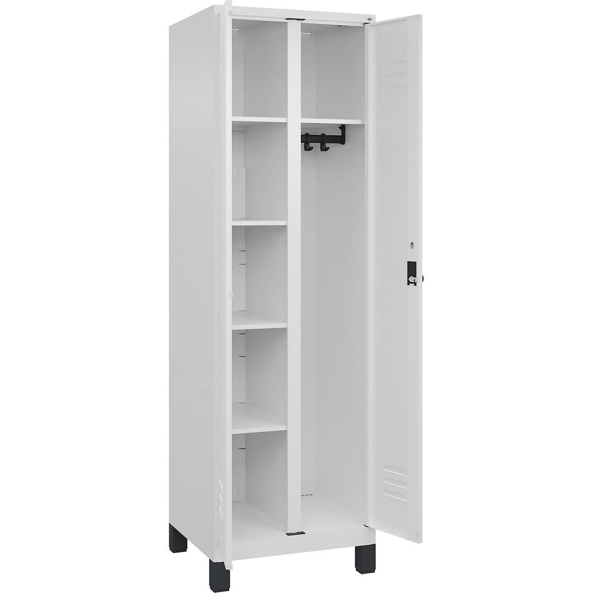 Classic PLUS locker for cleaning products, 1 compartment, partition in centre, traffic white, W 600 mm, with feet, rotary bolt.