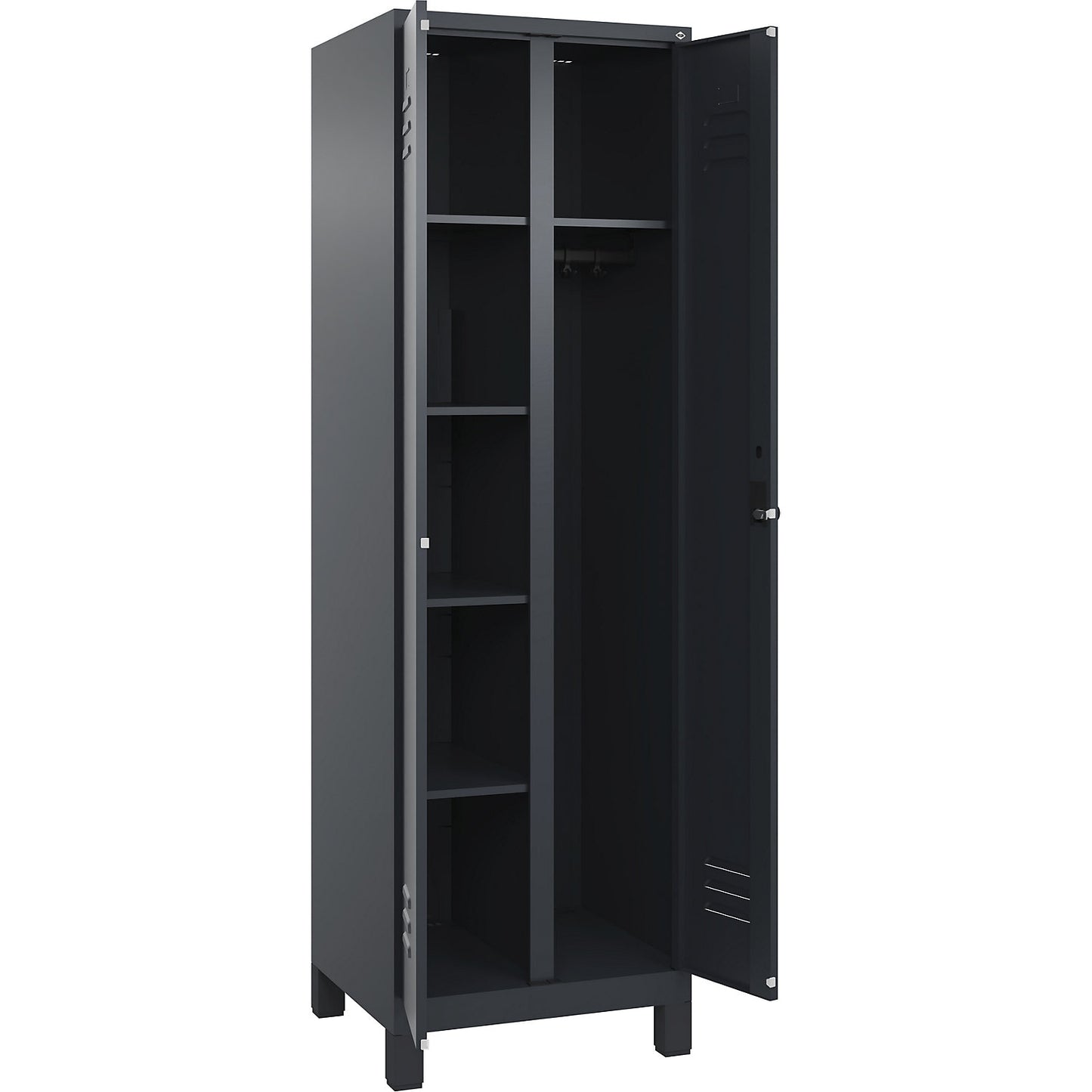 Classic PLUS locker for cleaning products, 1 compartment, partition in centre, grey, W 600 mm, with feet, rotary bolt.