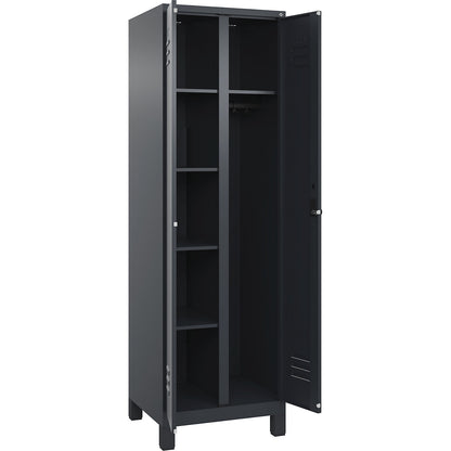 Classic PLUS locker for cleaning products, 1 compartment, partition in centre, grey, W 600 mm, with feet, rotary bolt.