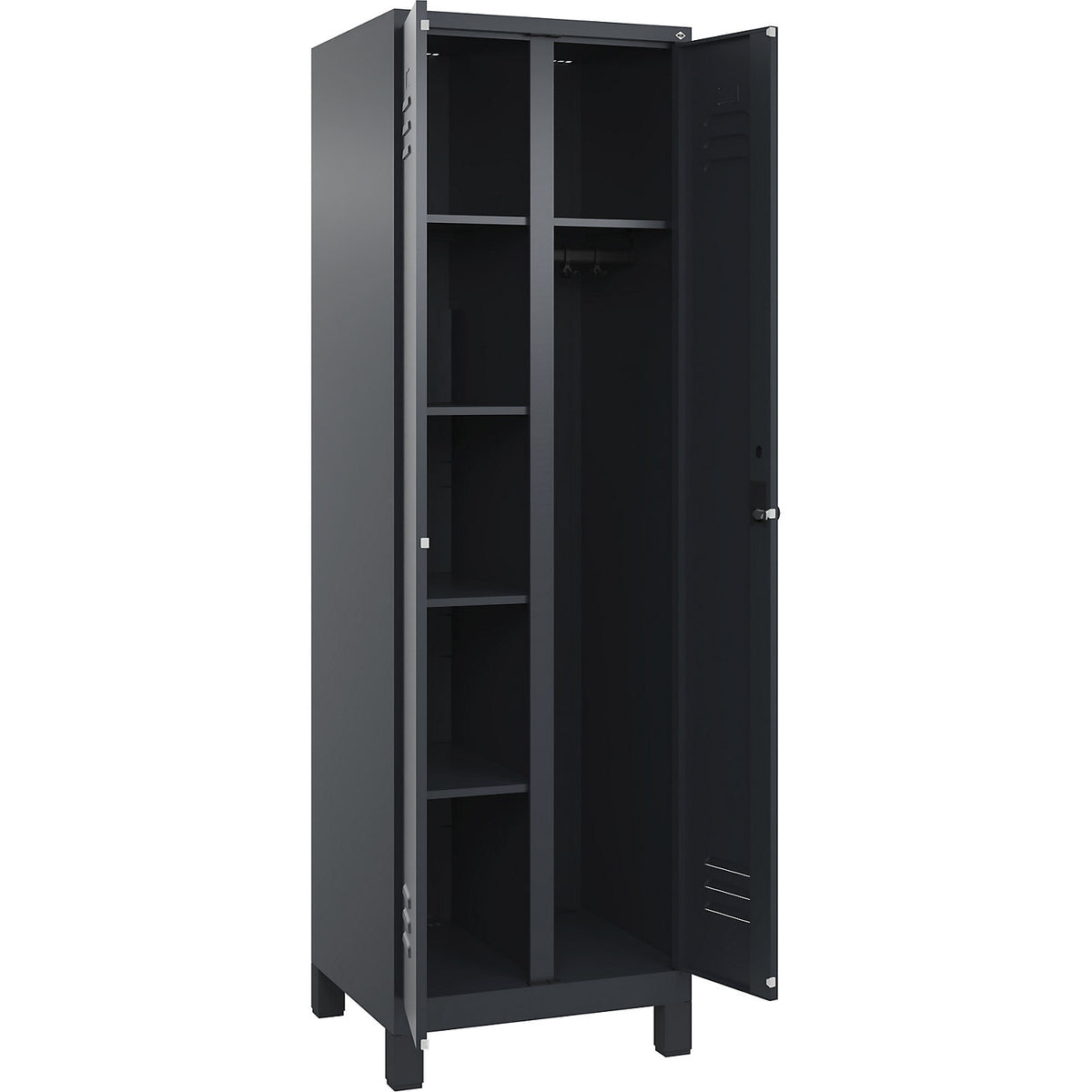 Classic PLUS locker for cleaning products, 1 compartment, partition in centre, grey, W 600 mm, with feet, rotary bolt.
